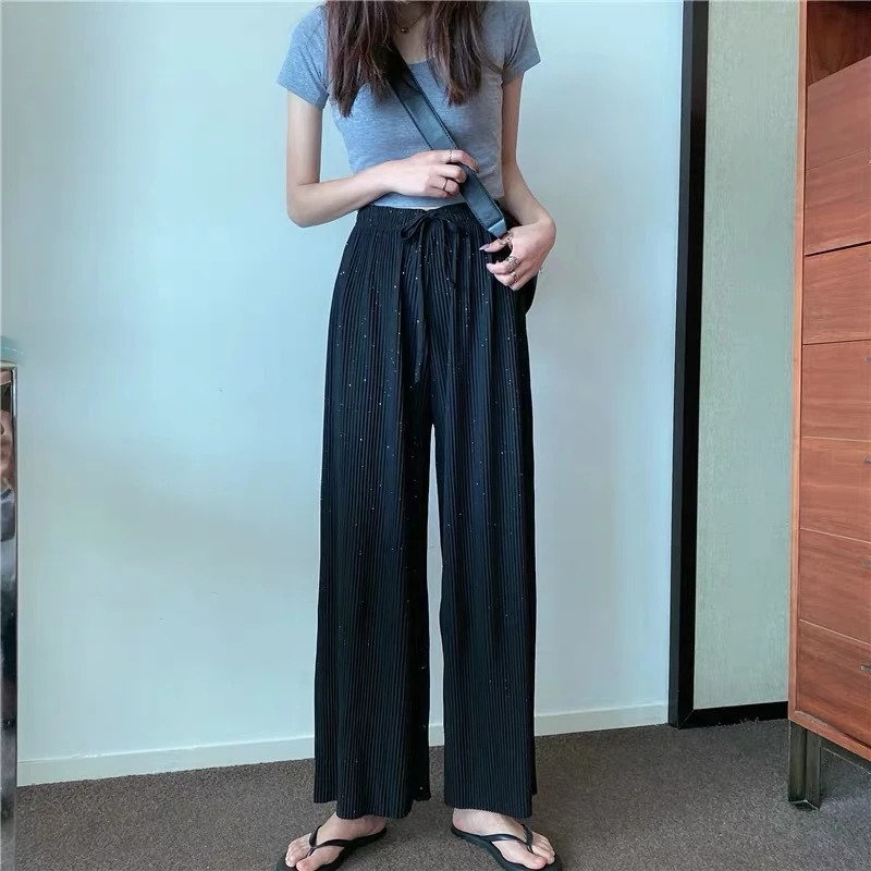 Summer Loose Straight Pants Shiny Design Pleated Wide Leg Pants Ice Silk Draped Pants Thin High Waisted Casua Women Pants