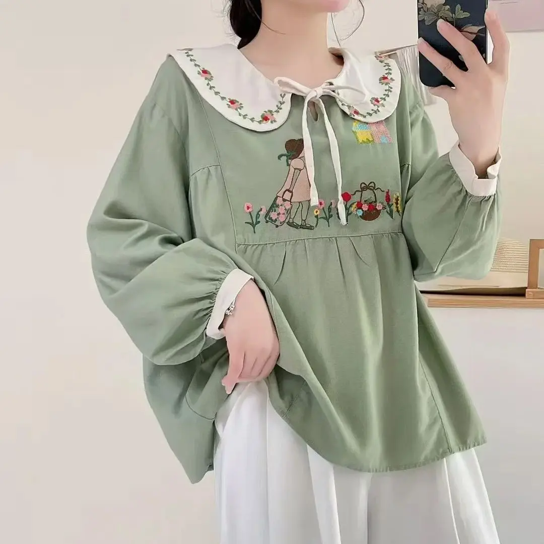 

Women's spring clothes mori girl Japan style peter pan collar green pink green cartoon embroidery shirts cotton cute blouses
