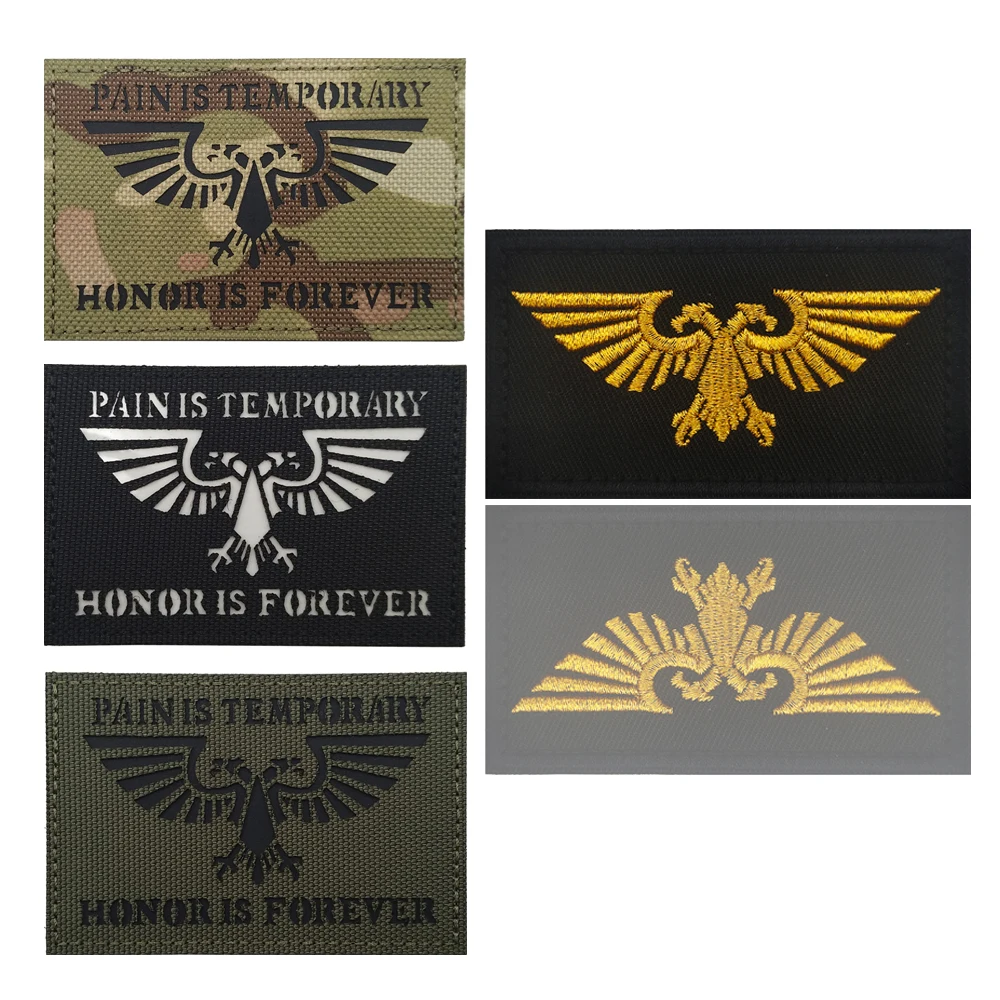 PAIN IS TEMPORARY Embroidery IR Reflective Double Head Eagle Animal Letter Patch For Military Tactical Armbrand Sticker Applique