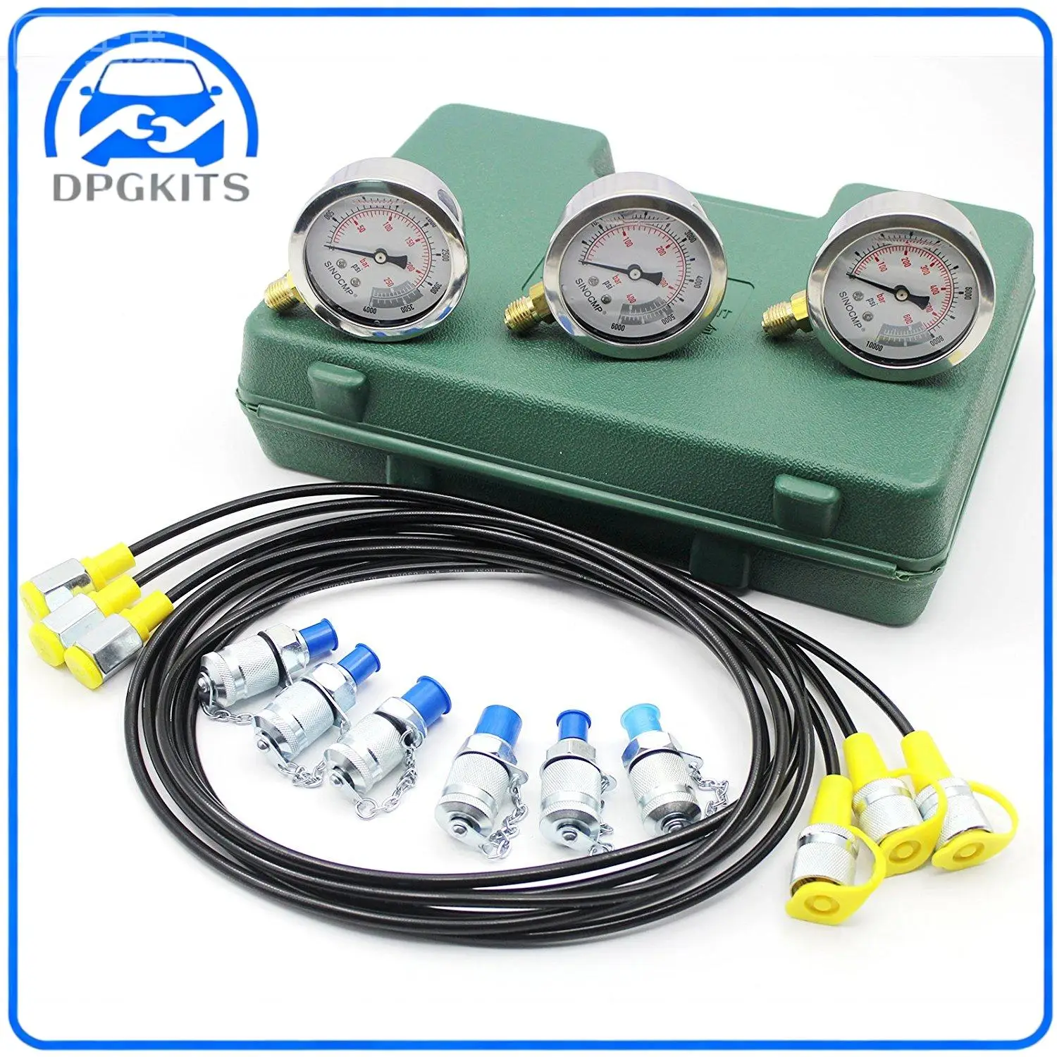 DPGKITS Hydraulic Pressure Gauge Kit w/6 Test Couplings 3 Pressure Gauges 3 Test Hose 25Mpa/40Mpa/60Mpa Hydraulic Pressure Gauge