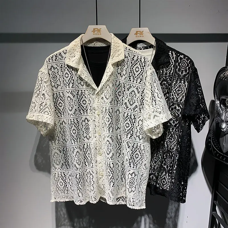 

Solid Breathable Hollow Short Sleeve T-shirt for Men's Summer Turn-down Collar Loose Shirt Male Clothing Casual Loose Top