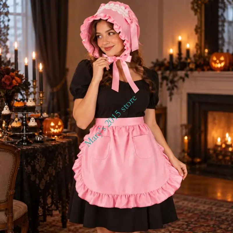 Colonial Costume Accessories Halloween Women Maid Costume Bonnet Cap Apron with Ruffled Edges and Ribbon Ties for Role-Play