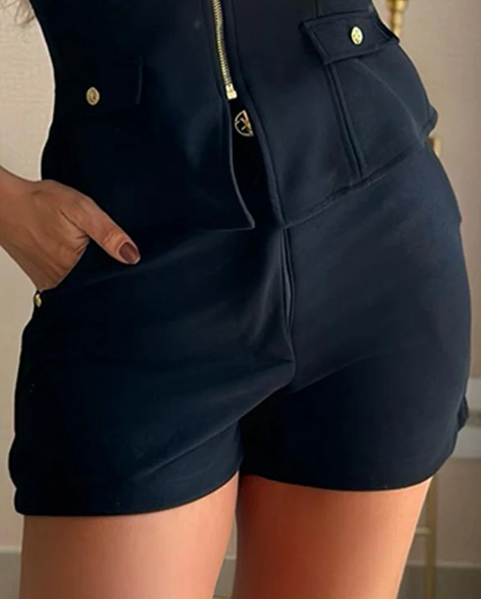 Fashion Two-Piece Women's Clothing 2024 Summer Strapless Zipper Design Sleeveless Top and Casual Pocket Daily Design Shorts Set