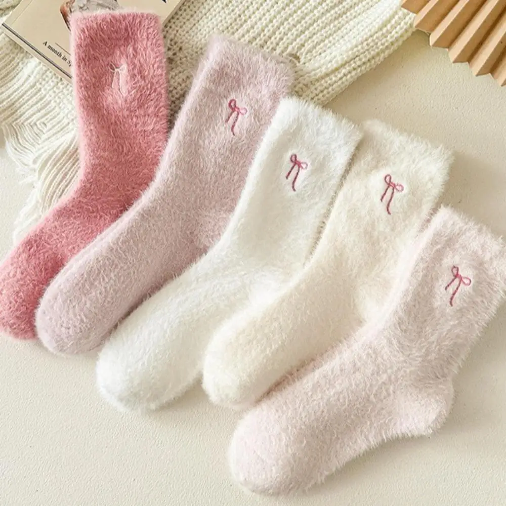 1Pair Thick Fuzzy Mid-Calf Socks for Women, Fall/Winter Cold-Weather Thermal, Cute, with Ribbon, for Indoor Use, Floor-Cut Socks