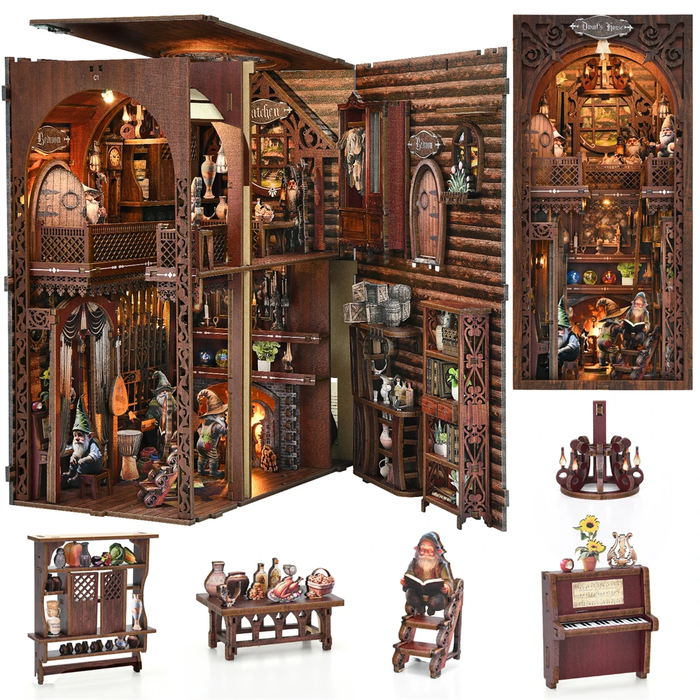 

DIY Book Nook Kit Fairy Tale Miniature Wooden Dollhouse with Light Bookshelf Insert 3D Puzzle Decor for Gift Owl Bookstore