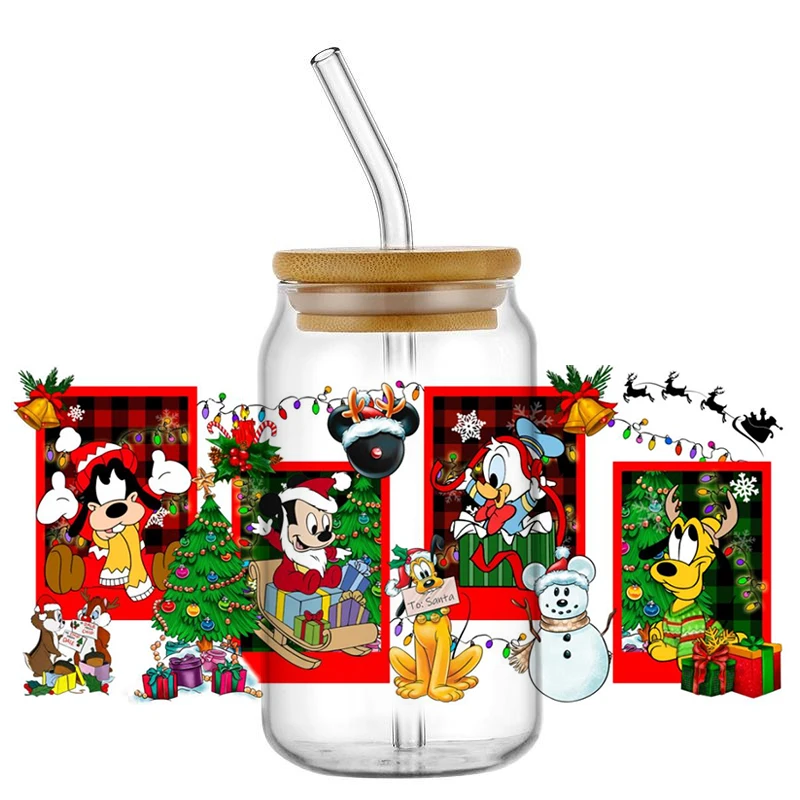 Miniso Cartoon Mickey Merry Christmas UV DTF Cup Wrap Transfer Stickers Zmywalne naklejki na szklaną puszkę Libbey 16OZ DIY Naklejki na kubki