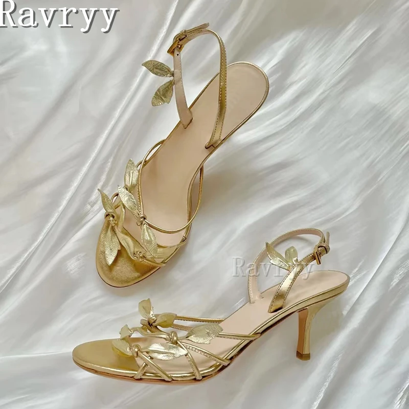 Gold Petal Leaf Genuine Leather Sandals Open Toe High Heel Back Strap Women Shoes Luxury Party Stiletto Sandal