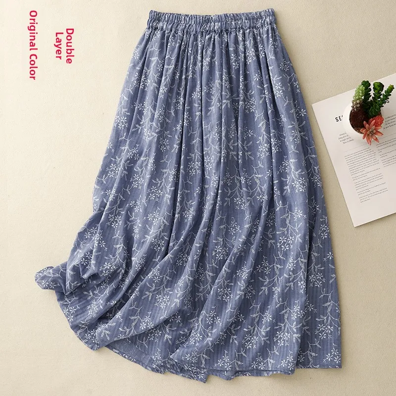 

High Waist Midi A-Line Skirt Women's Slimming Cotton Linen f Body Skirt Retro Artistic Single Color Commuter Sle Blue
