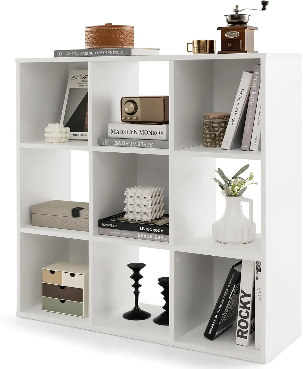 9-Cube Bookshelf, Wooden Open Bookcase, Dual Anti-Tipping Kits, Freestanding Modern Cube Storage Display Shelf White