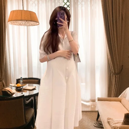 

Miyake 2025 Spring New Dress Women's Fashion Temperament Pleated Casual Plisse Elegant High Sense Medium Length Maternity Dress