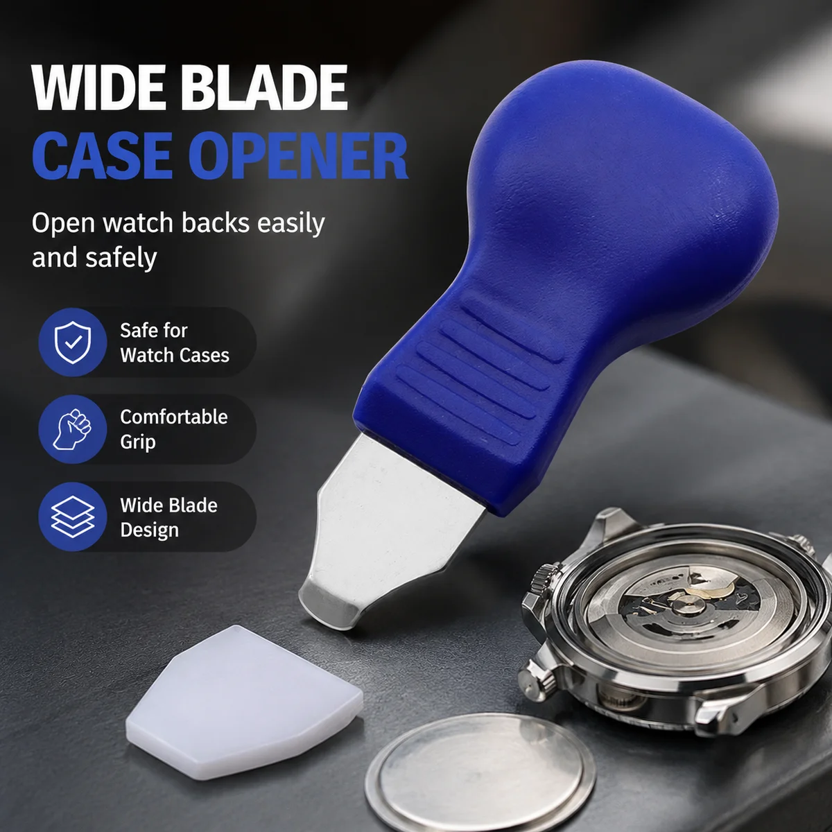 1 Set Blue Wide Blade Watch Case Opener Tool with Protective Cover for Pry Back Cover Battery Replacement