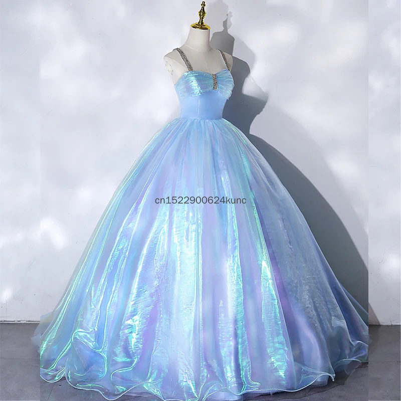 新しいマーメイドブループリンセスボールガウン女性のための甘い光沢のあるストラップAラインドレス女性ハロウィン誕生日パーティープロムイブニングドレス