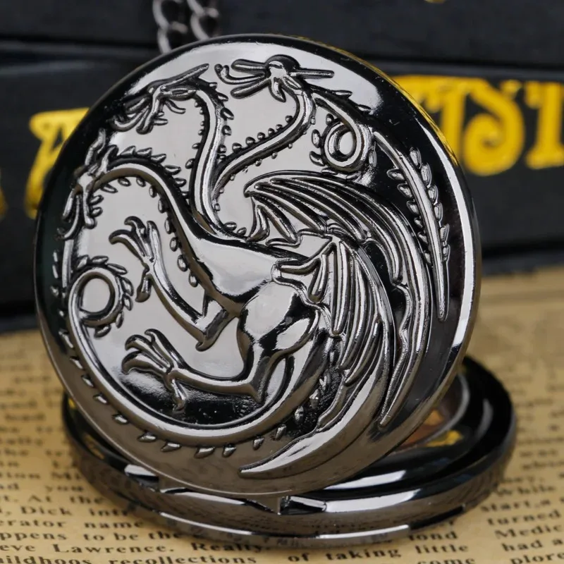 Black Vintage Quartz Pocket Watch Dragon Engraved Flip Roman Numerals Necklace Clock Unisex Student Gifts for Women Men