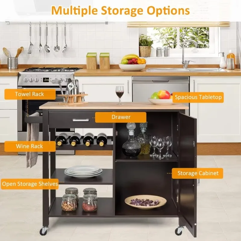 

Solid Wood Leg Kitchen Island Cart, The Rolling Storage Trolley w/Wood Top&Tower Rack&Drawer, for Dining Room&Hotel of handcart
