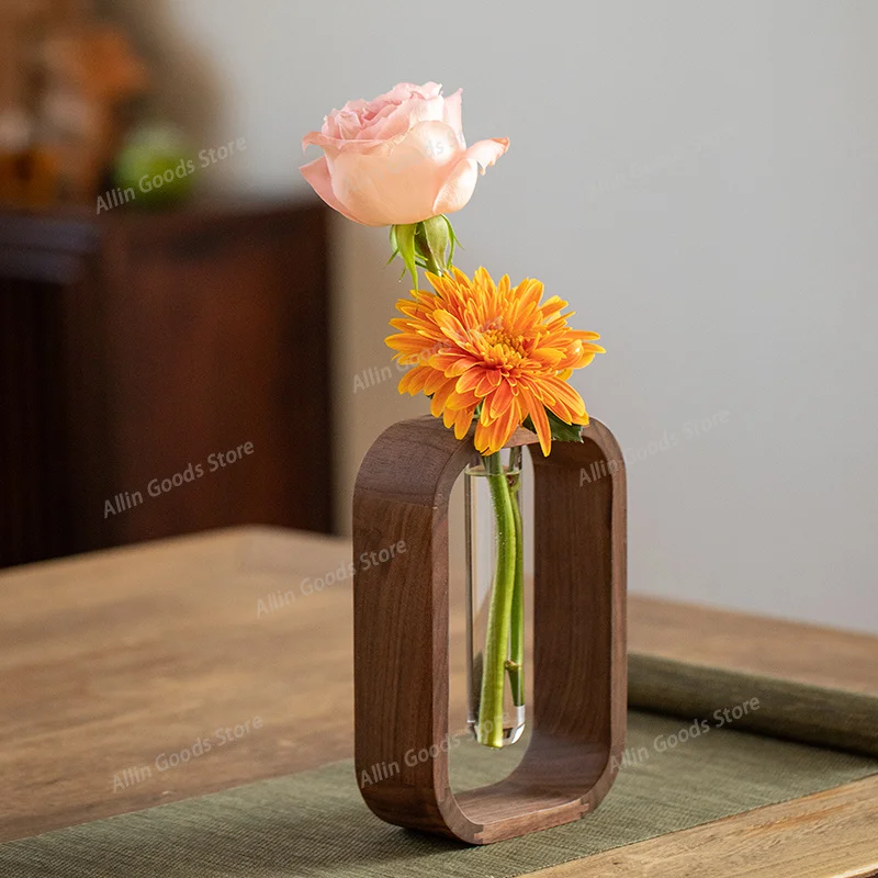 Walnut wood tabletop ornaments, hydroponic dried flowers and green plants, high-end and creative living room decoration