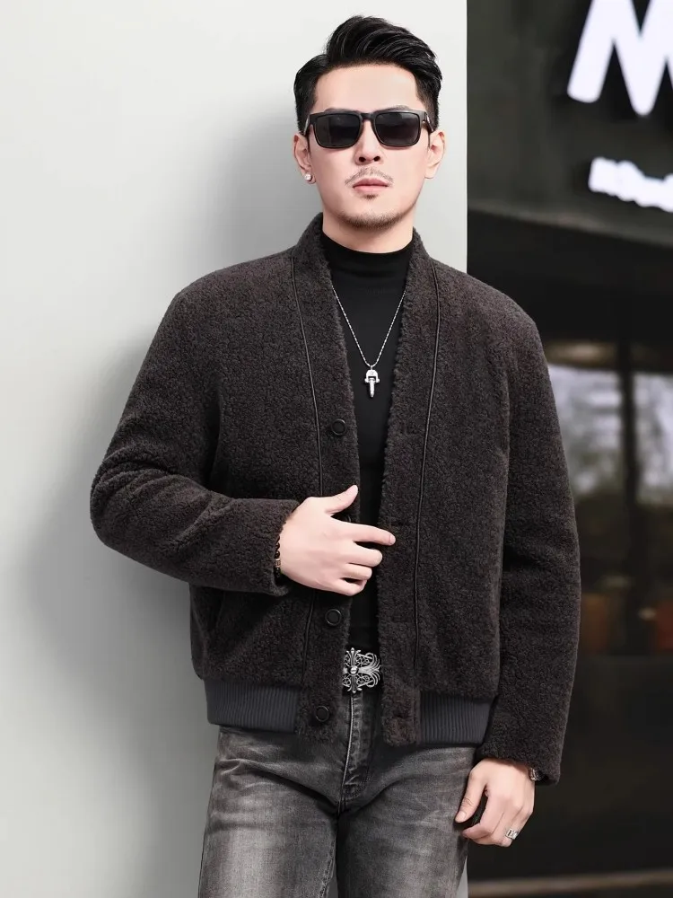 Winter Mens Wool Coat Thicken Warm Padded Liner Single Breasted Comfortable Casual Streetwear V Neck Sheep Shearing Short Coat