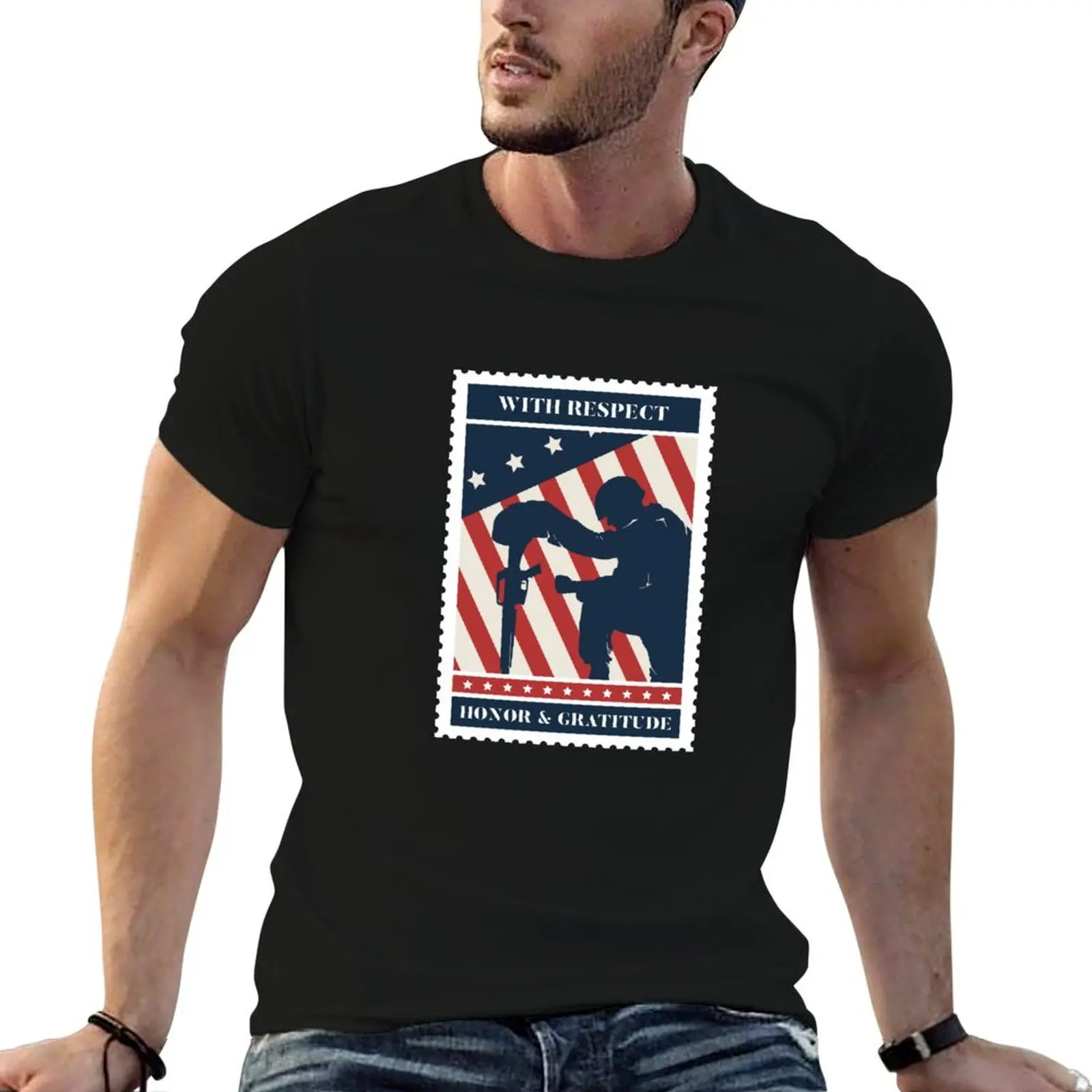 Journée des Vétérans - Avec respect, honneur et gratitude - T-shirt militaire pour homme - T-shirts en coton doux avec imprimés