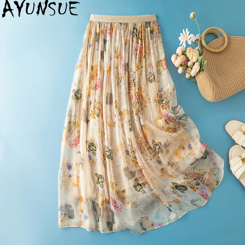 

AYUNSUE 100% Silk Women's Skirts Elegant Printed Skirts for Women Vacation Style Beach Skirt Elastic Waist Woman Clothes Юбка
