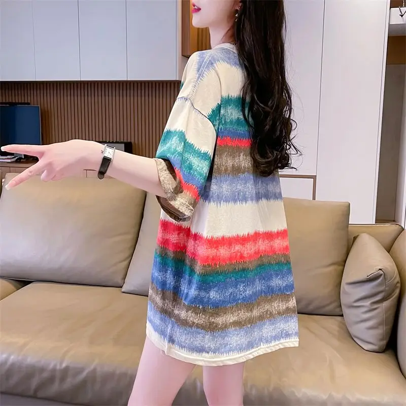 T-shirt a maniche corte in puro cotone Abbigliamento estivo di media lunghezza da donna Nuovo design a righe Top pigro allentato Ins Trend