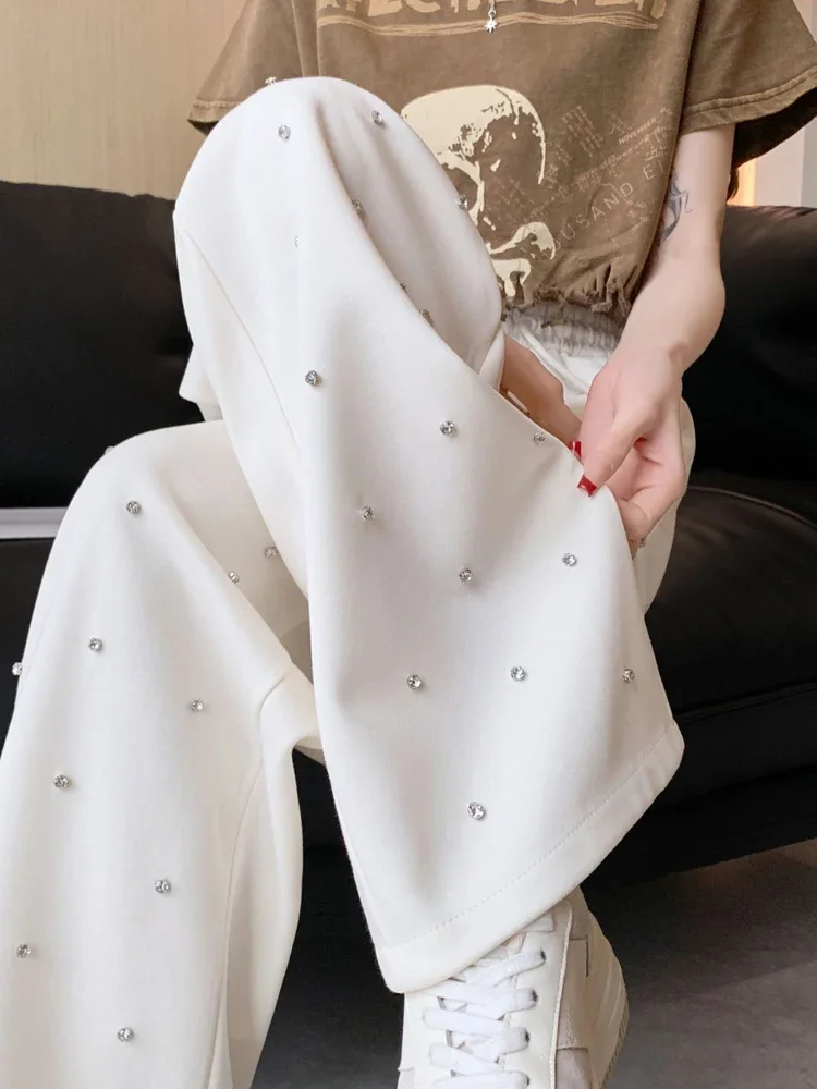 

Heavy Industry Hot Diamond Wide Leg Pants for Women's Spring New Casual High Waist Loose Straight Tube Drop Floor Dragging Pants