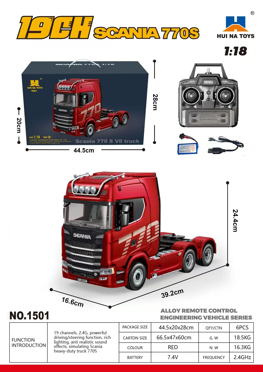 Huina 1/18 RC-Sattelkipper mit elektrischer Hebefunktion für RC-Traktor-LKW 1501 1509, Rücklicht, Stützfuß, ohne Soundsystem, Modellspielzeug