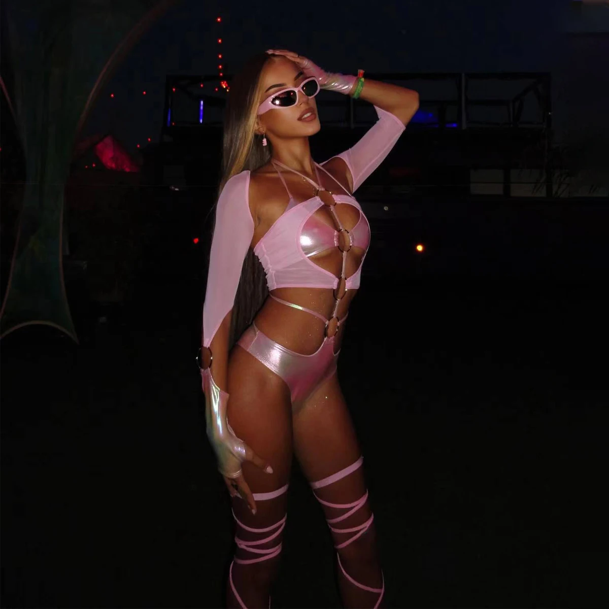 

MUZISKAT Summer Pink Sexy Tight Solid Color Dress Women's Hollow Mini Skirt Nightclub Party jumpsuit 3-piece Set