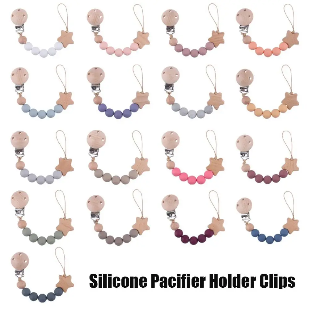 Pacifier Clips Chain Silicone Beads BPA Free DIY Dummy Clip Holder Star Wooden Clip Soother Chains Baby Teething Toys Chew Gifts