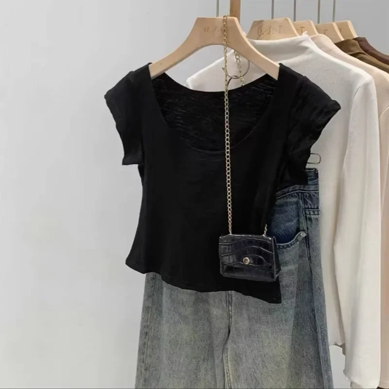 T-shirt a maniche corte in puro cotone con scollo tondo basso tinta unita Estate Nuovo scollo a U sottile e versatile per le donne