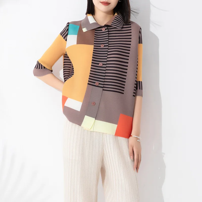 Miyake Casual Fashion Loose Plus Size Shirt Color Matching Printing Lapel Single-breasted Three-quarter-sleeve Cardigan Top
