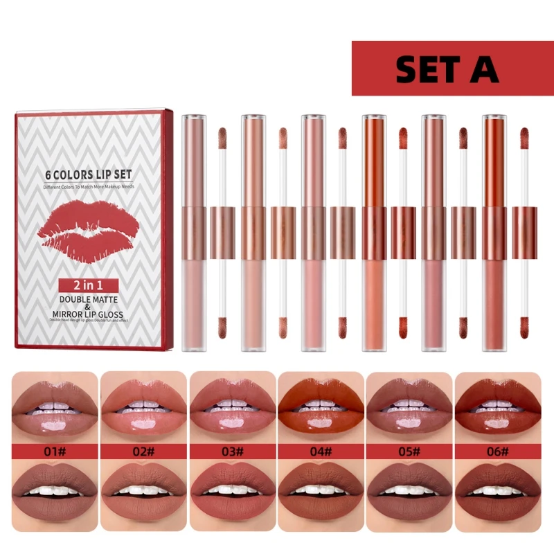 6Pcs/Set 2 in 1 Double-end Matte Mirror Liquid Lip Gloss Kit Waterproof Long Lasting Lip Glaze Lipstick Maquiagem Silky Smooth