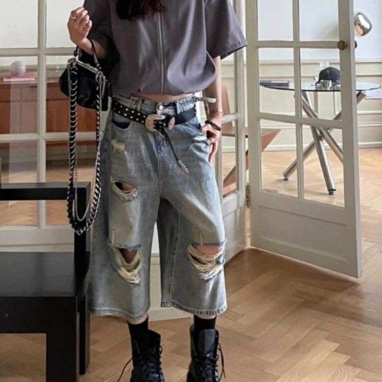 Oversize Vintage Washed Hole Denim Shorts Y2k E-Girl High Waist Loose Wide Leg Jeans 2024 New Straight Calf-Length Pants