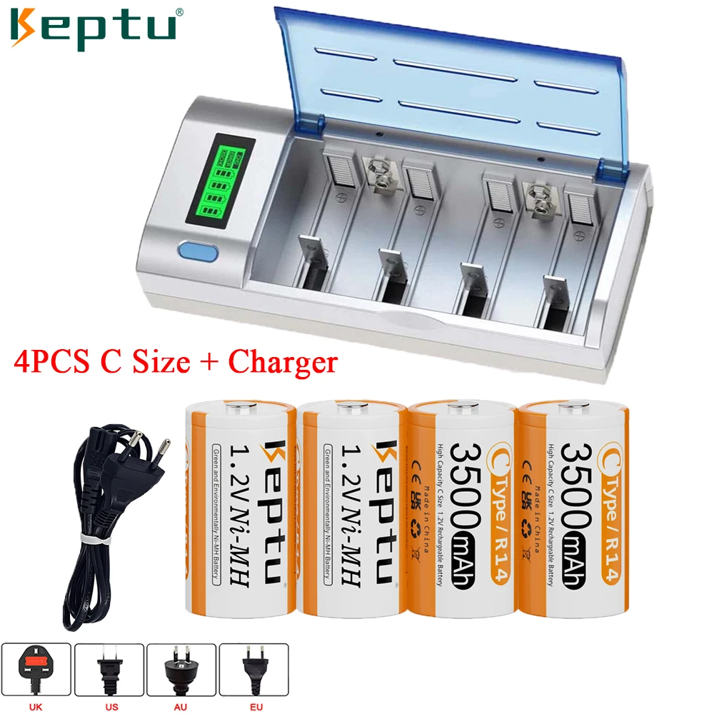 KEPTU R14 1.2V C Size Rechargeable Battery 3500mAh LR14 Ni-Mh C Batteries for Gas Cooker + LCD Charger for AA AAA C D 9V