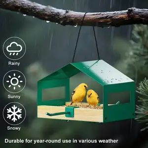 Fly-Through Bird Feeder Metal Rainproof Roof Stainless Steel Mesh Outdoor Wild Bird Feeder for Garden Yard Patio