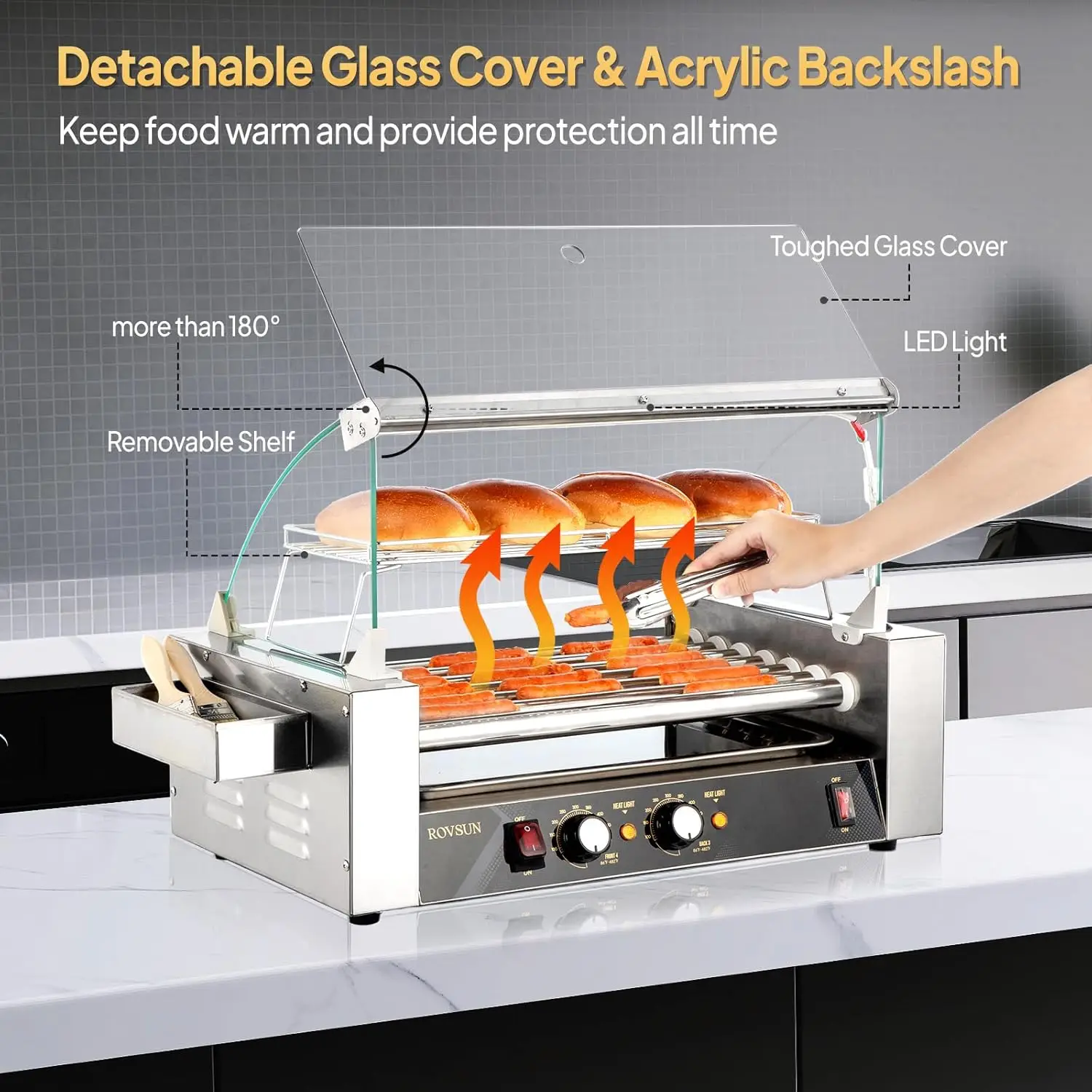 ماكينة طهي الشواية الدوارة من هوت دوج مع إضاءة LED، تحكم مزدوج في درجة الحرارة، غطاء، رف قابل للإزالة وصينية تنقيط للحفلات المنزلية