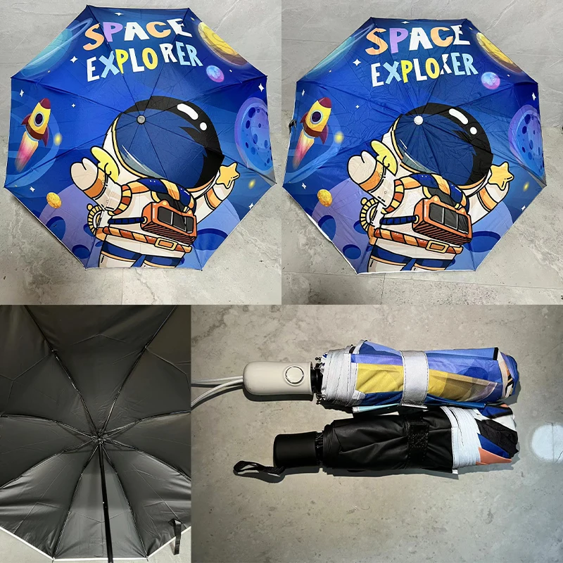 Astronauts in Space Automatic umbrella Cute children\'s umbrella Night Reflective strip and non-springback design Gift Umbrella