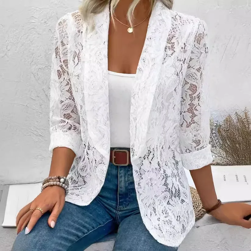Women\'s New Spring/summer Stylish Small Suit  Solid Color Lace Hollow-out Long-sleeved Lapel Shirt Jacket Cardigan Suit Soat