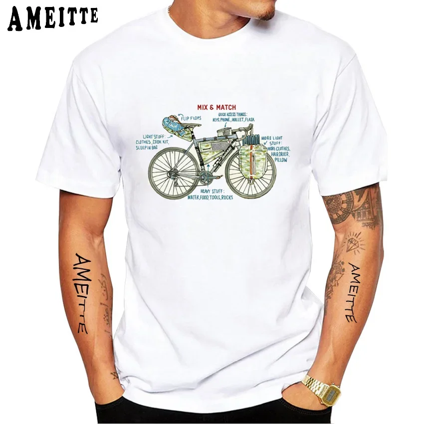 Vintage Classic Bike Bikepacking Print T-Shirt Summer Men's Short Sleeve Funny Bicycle Sport Travel Boy Tops White Casual Tees