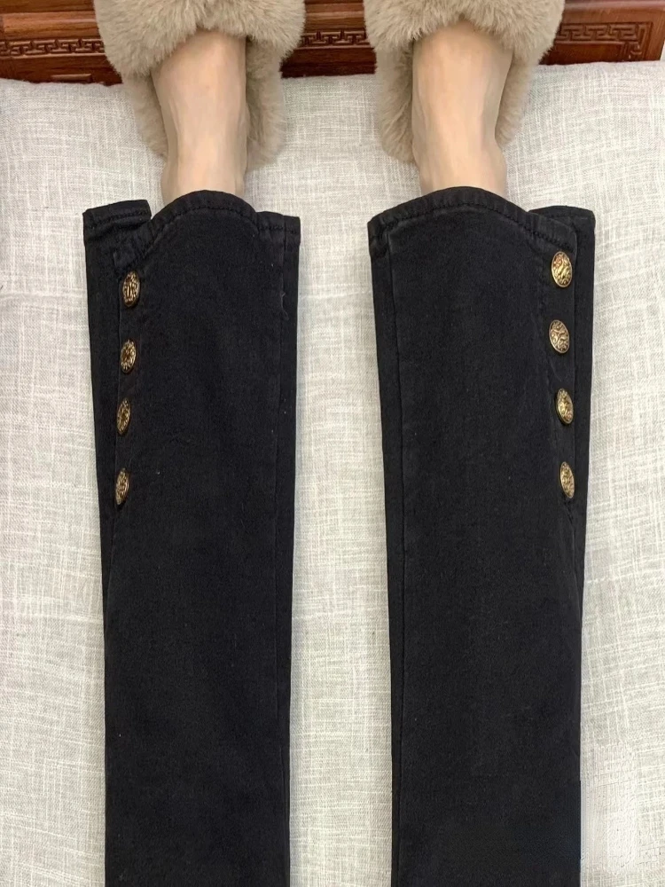 

High Waist Straight Leg Nine-Tenths Denim Pants Women's plus Size Slimming Design Bla Elastic Micro Flared Trousers