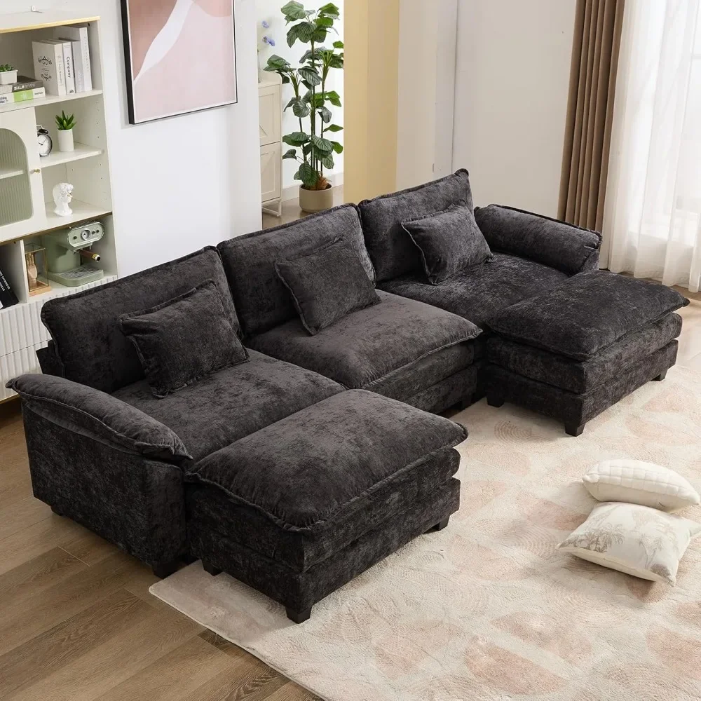 

117" Sectional Sofa Cloud Couch, Modern Chenille U-Shaped Couch Comfy Upholstered 3-Seat Sofa with 2 Ottoman, 3 Lumbar Pillow