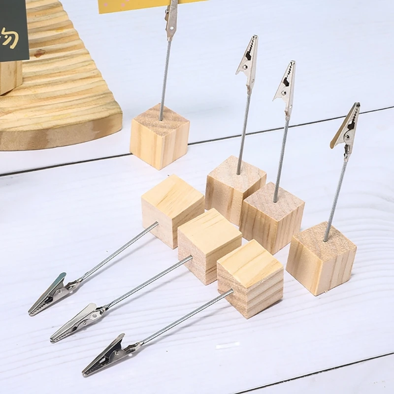 9Pcs Memo Clip Holder, Metal Alligators Clip with Assorted Color Wooden Cubes Bases for Place Cards, Desk Note, Photos,