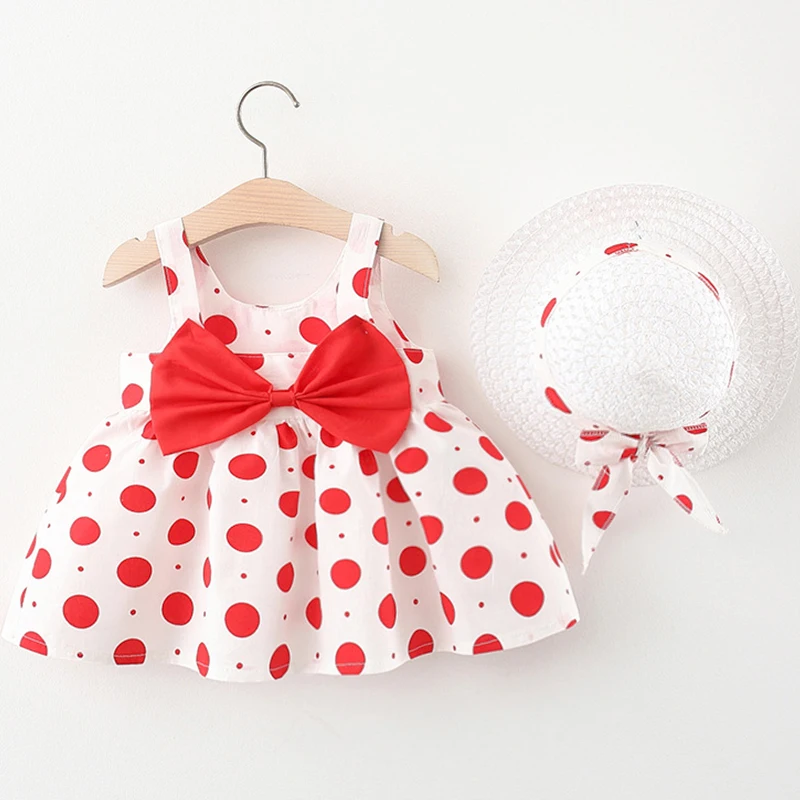 

2PCS Summer Baby Girl Clothing Princess Dress Korean Cute Bow Dot Sleeveless Cotton Toddler Dresses+Sunhat Newborn Clothes BC207