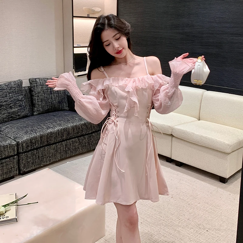 

Spring/Summer Korean Edition Square Neck Wearing Rope High Waist Slim Flare Sleeves Dress Women's Long sleeved Short Skirt