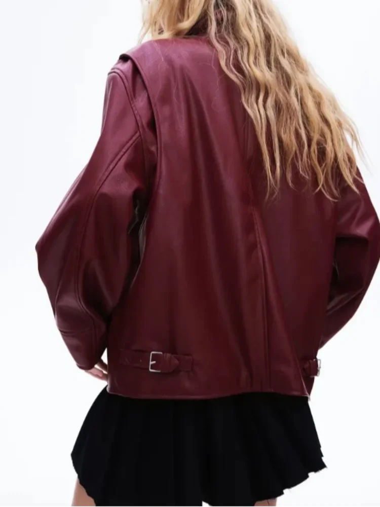 Chaqueta de piel sintética con cremallera para mujer, abrigo corto de manga larga con solapa y bolsillos, color rojo vino, ropa de calle para otoño, novedad de 2024