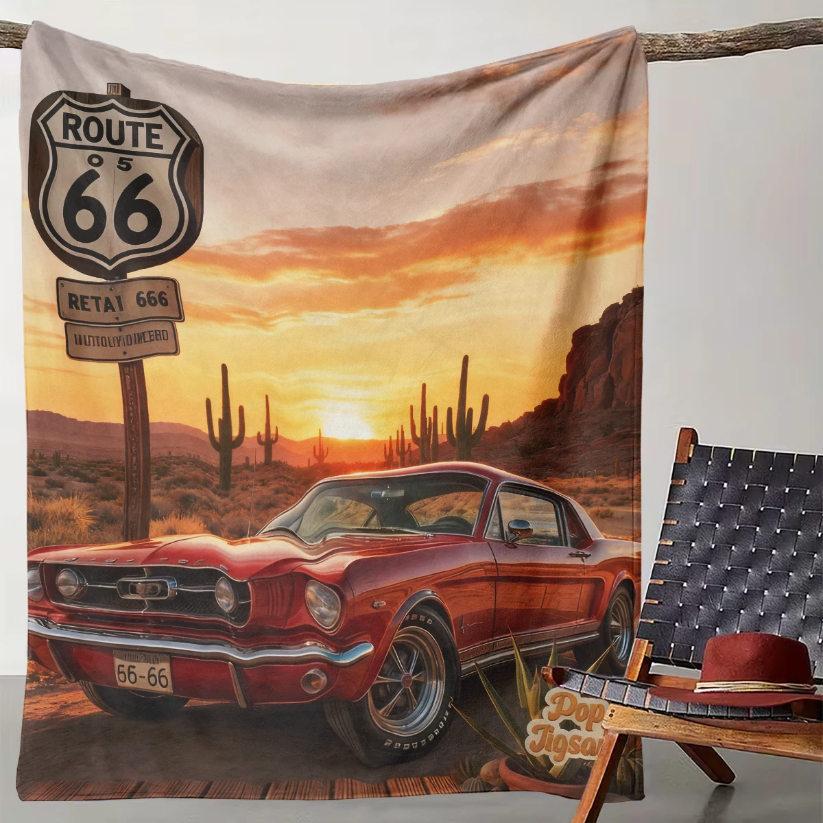 

1 Piece American Retro Route 66 Nostalgic Sports Car Sunset Throw Blanket Suitable for Sofa Bed Travel and Office