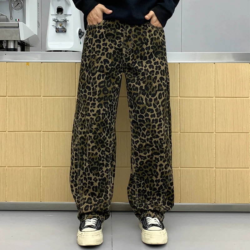 Pure Cotton Leopard Jeans Men Streetwear Fashion Hip Hop Loose Casual Wide Leg Denim Baggy Jeans Pants Man Harem Trousers