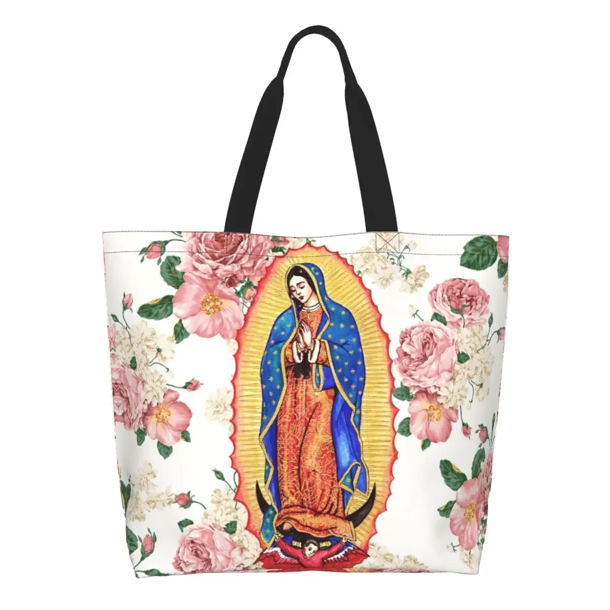 

Custom Virgin Of Guadalupe Grocery Shopping Tote Bag Mexico Virgin Mary Canvas Shopper Shoulder Bag Large Capacity Handbag