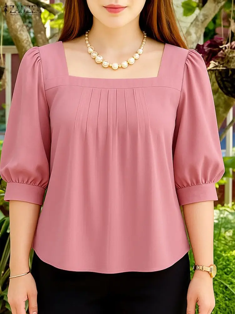 ZANZEA Camicia da ufficio estiva Donna Elegante collo quadrato Manica a 3/4 Camicette da lavoro Elegante tunica a pieghe solida Top Blusas allentati 2025