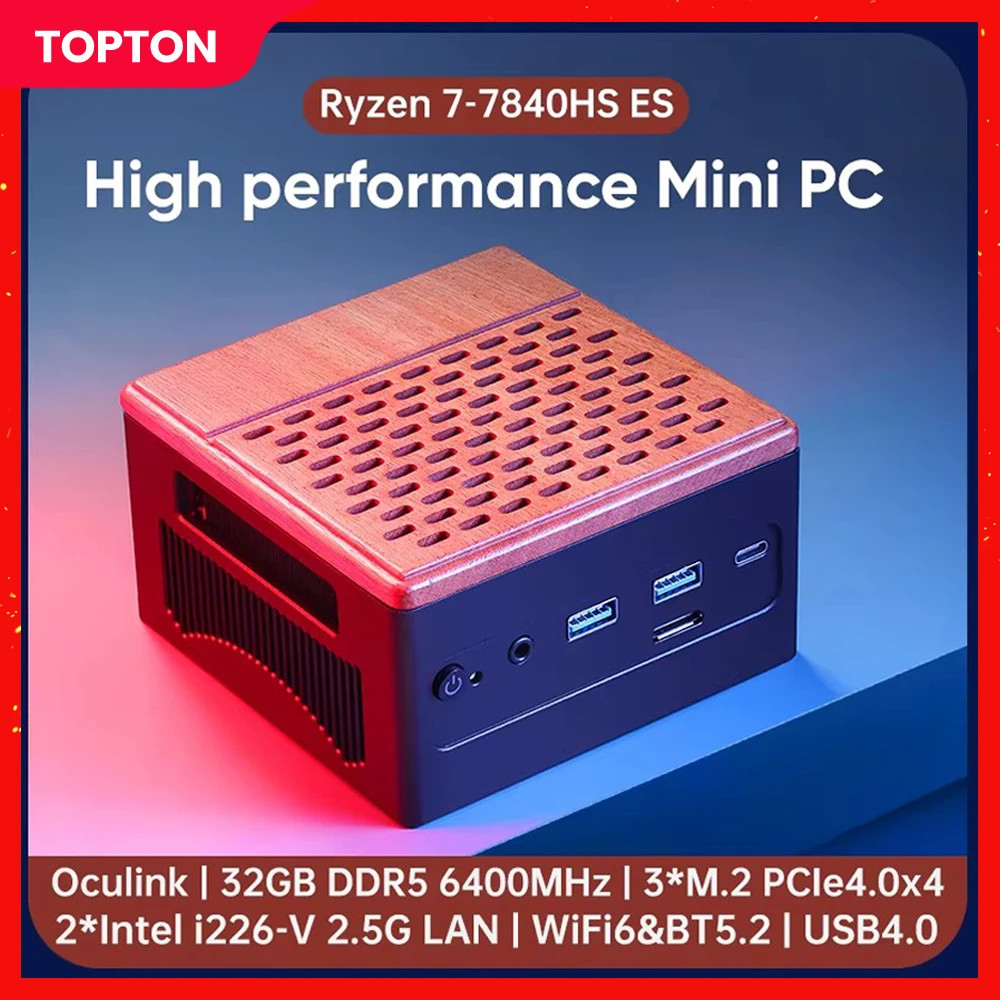 

Topton D13 Mini PC Gamer AMD Ryzen 7 7840HS ES Oculink 3*PCIe4.0x4 DDR5 6400MHz 2*2.5G USB4 Windows 11 NAS Router Computer WiFi6