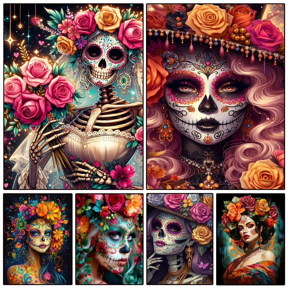 

DIY Череп Искусство Алмазная Картина Череп Женщина Цветы Мозаика Набор Для Вышивки Крестом Горный Хрусталь Головоломка Инкрустация DIY Подарок Декоративная Живопись