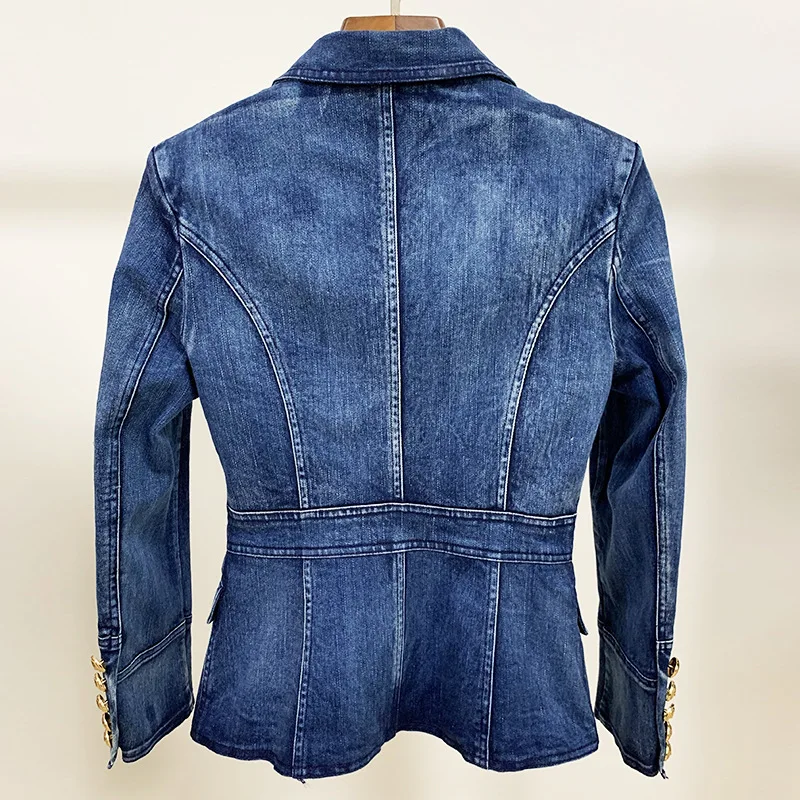 Blazer feminino cabeça de leão manga longa, com botões dourados Outwears, senhoras lavadas Denim terno fino, alta qualidade, novo, outono, inverno